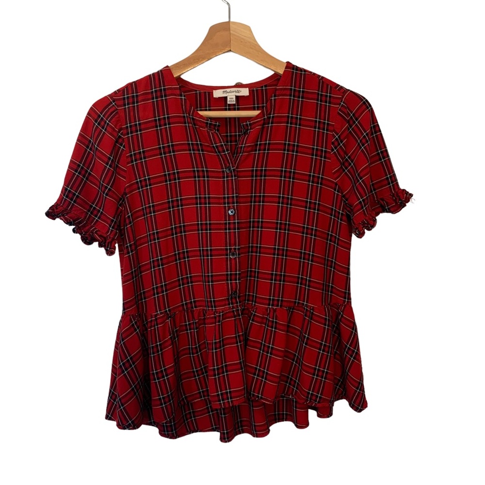 Madewell Red Plaid Peplum Blouse Women's Size XS